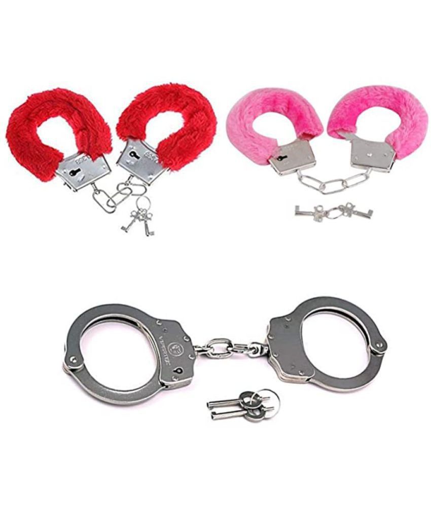     			Kaku Fancy Dresses Hand Cuffs for Kids 3 Pcs Cop Sheriff Officer Handcuff Toy Role Play Costume Accessories Metal Fur Handcuffs Hathkadi Toy - Silver Red & Pink (Pack of 3)