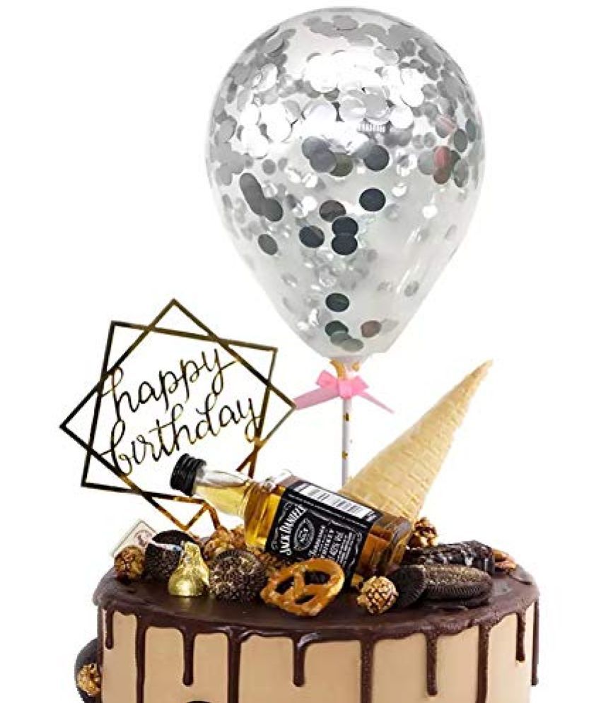     			Lalantopparties Confetti Balloon Cake Toppers 5 Inch for Birthday, Anniversary Cake Decorations with 1 Stck, & 1 Tape (Silver Set of 4, Pack of 3 )