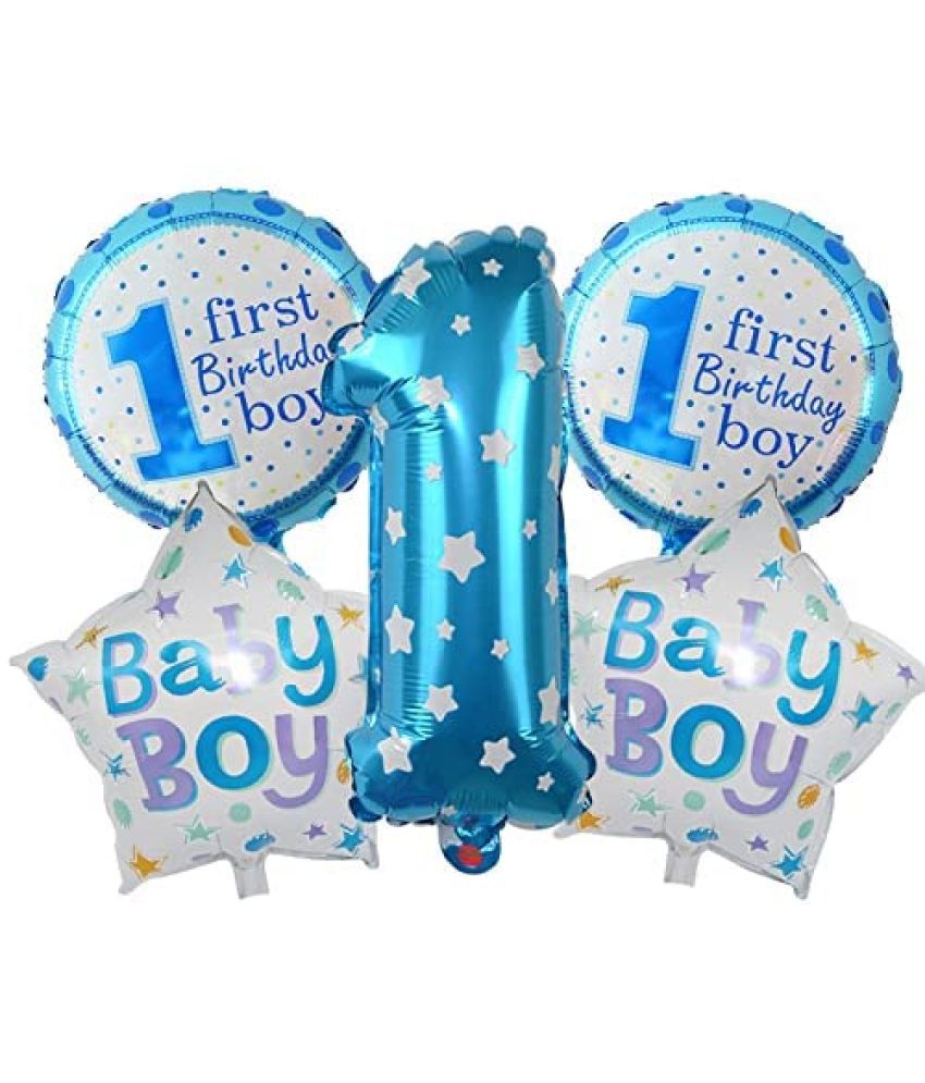     			Lalantopparties First Baby Boy Theme Foil Balloon Combo Set For baby decoration, birthday decoration, boy decoration, theme party, surprise decoration, kids decoration balloon, Blue (5 pcs Pack Of 1)