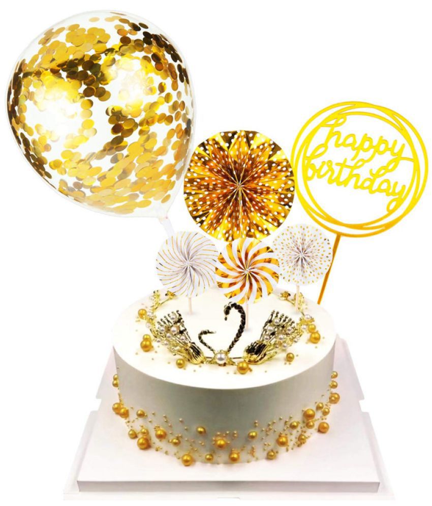     			Lalantopparties Gold Confetti Balloon Cake Toppers 5 Inch With 1 Stick & 1 Tape For Cake Decorations Pack Of 1 Gold