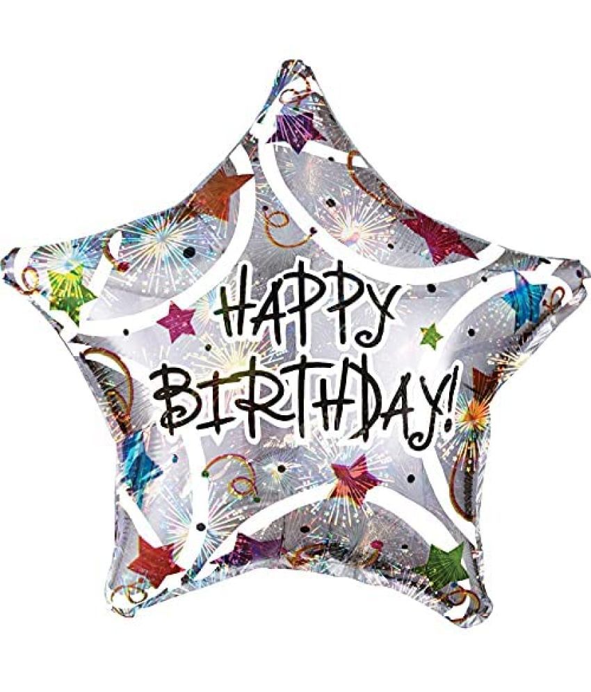     			Lalantopparties Happy Birthday Printed Foil Balloon Silver star shape 22 inch Balloon for Birthday decoration, theme decoration, bachelorette, bachelors party, surprise decoration, Multicolor (Pack of 1)