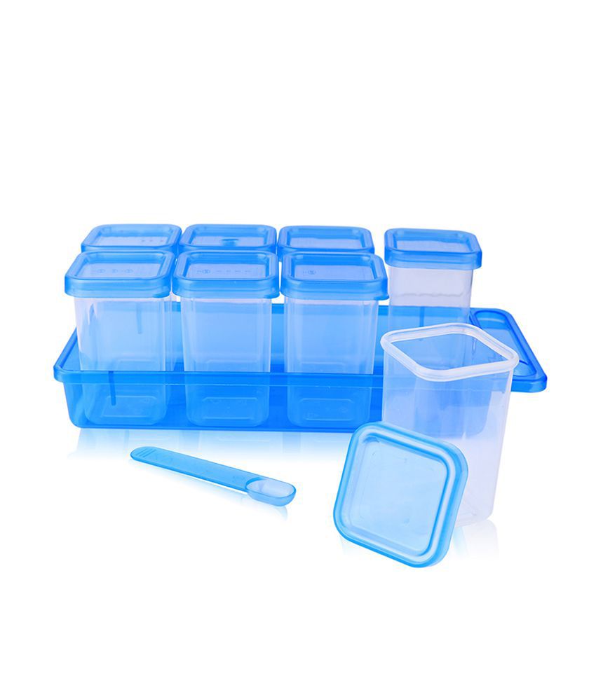     			Gluman Mini Masala Container Set of 8 with Tray & Spoon (120ml each), Blue Color