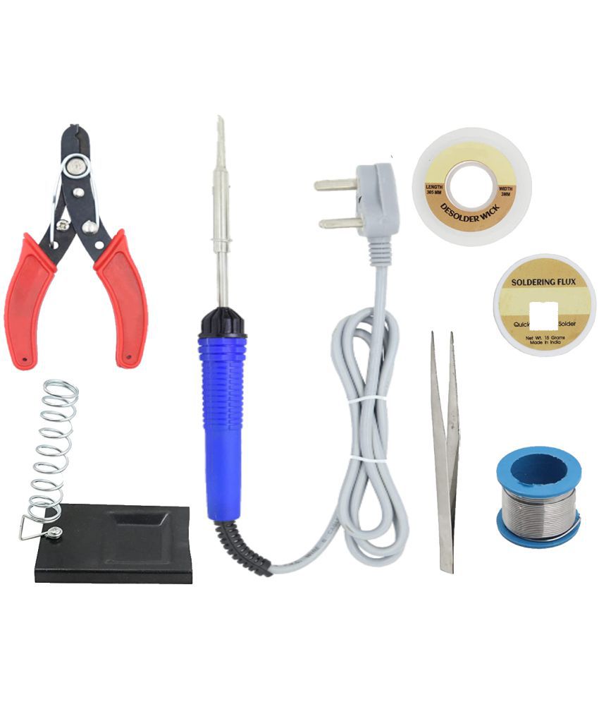     			ALDECO: ( 7 in 1 ) SOLDERING IRON 25 Watt Professional Kit - Blue Iron, Wire, Flux, Wick, Stand, Cutter, Tweezer