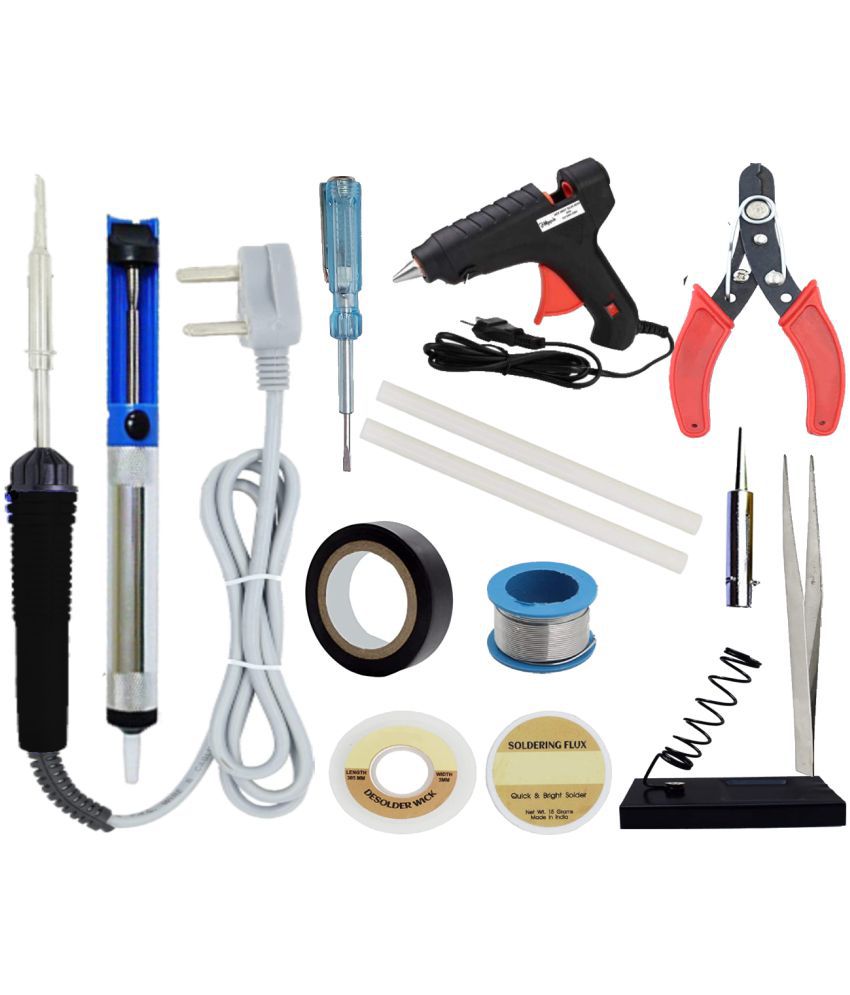     			ALDECO: ( 14 in 1 ) 25 Watt Soldering Iron Kit With- Blue Iron, Wire, Flux, Wick, Stand, Cutter, Tester, Bit, Desoldering Pump ,Tweezer, Tape, Glue Gun, 2 Glue Stick