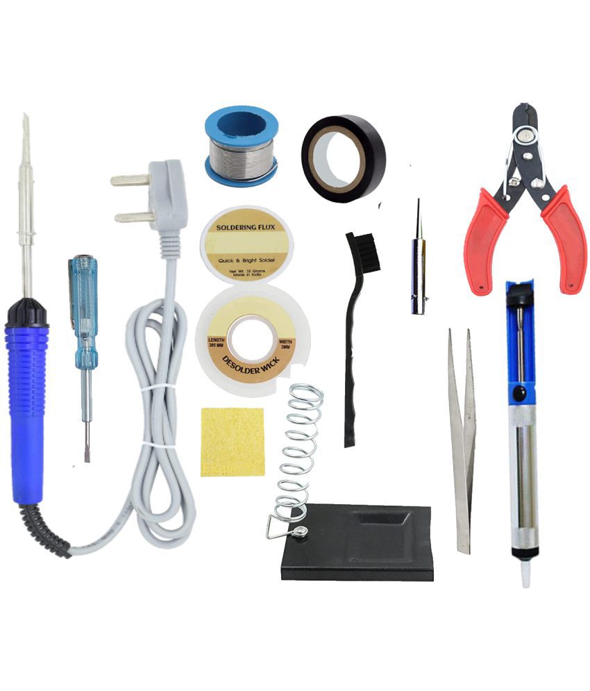     			ALDECO: ( 13 in 1 ) 25 Watt Soldering Iron Kit With- Blue Iron, Wire, Flux, Wick, Stand, Tweezer, Tester, Tape, Desoldering Pump, Brush, Sponge, Cutter, Bit
