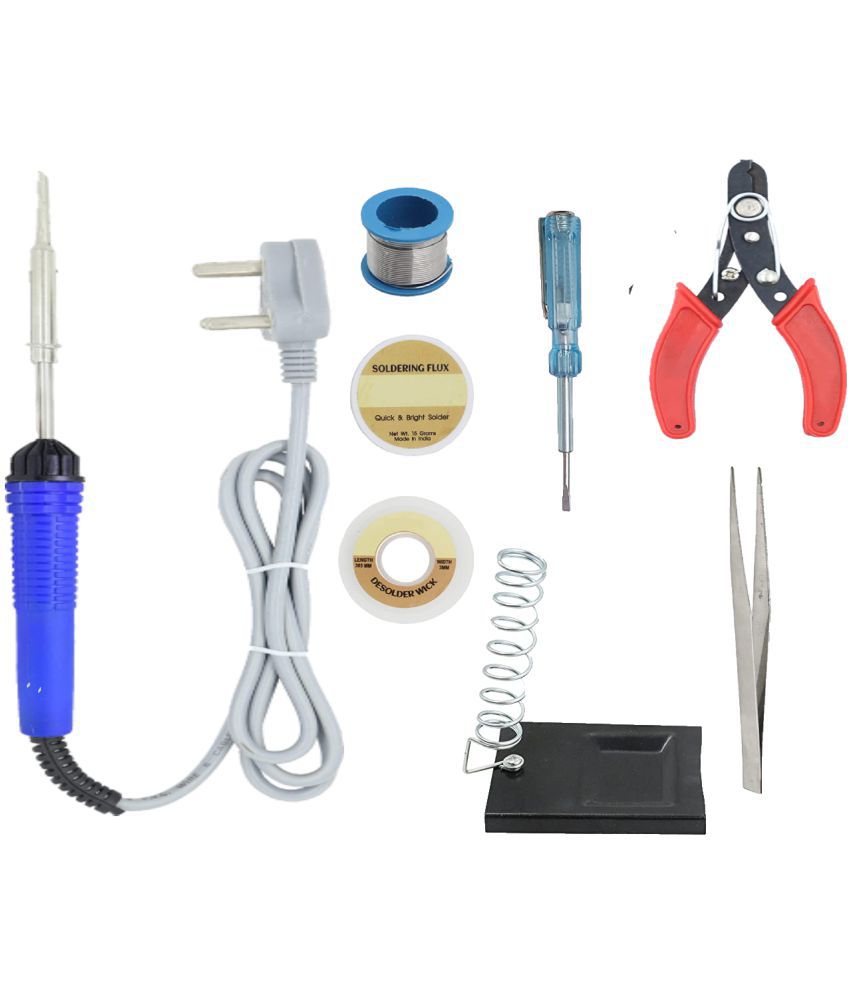     			ALDECO: ( 8 in 1 ) Soldering Iron Kit contains- Blue Iron, Wire, Flux, Wick, Stand, Cutter, Tweezer, Tester