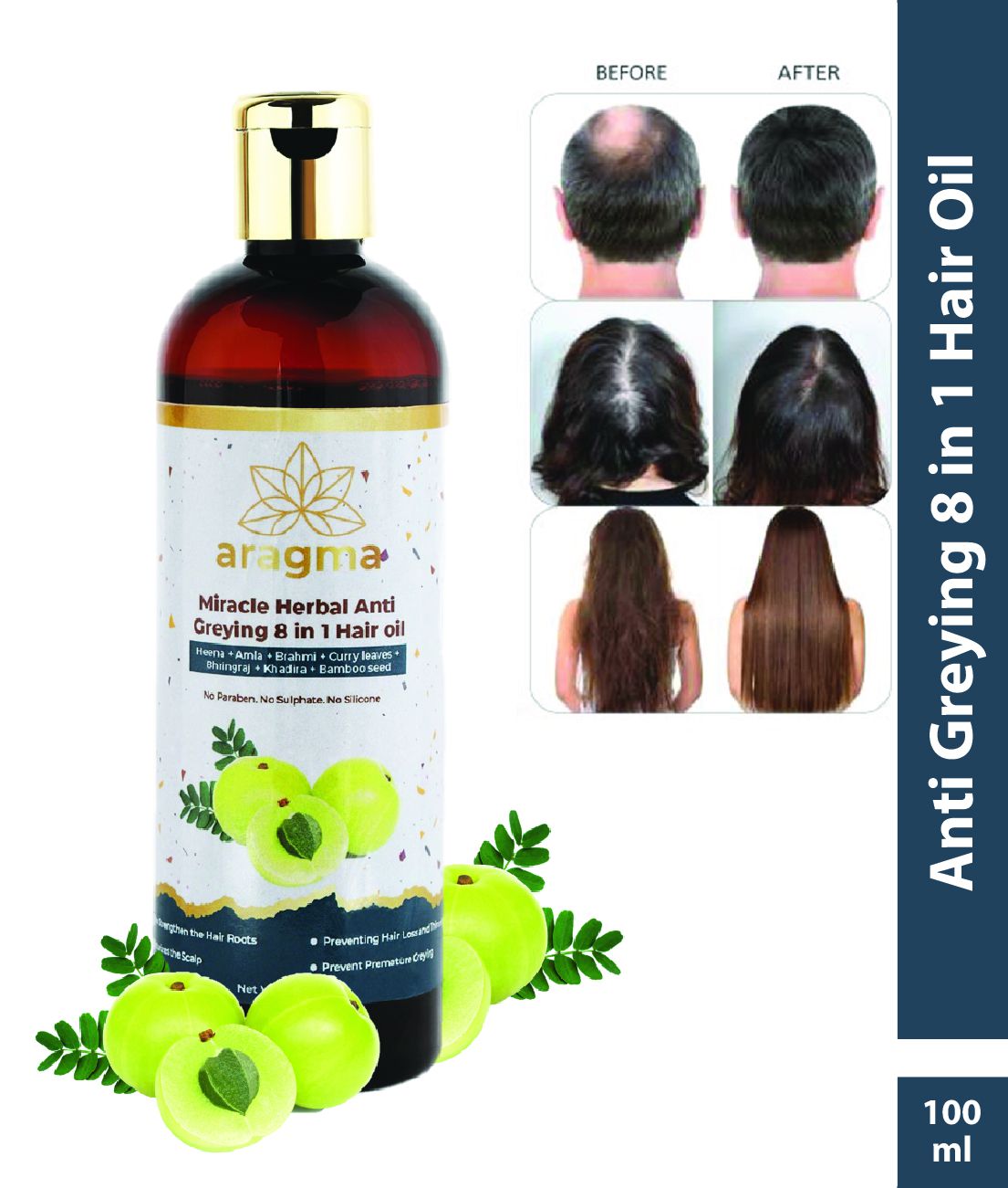 Aragma Miracle Herbal Stop hair loss and hair greying 8 in 1 Hair Oil - No Parabens, Sulphate, Silicones & Color - 100 ml