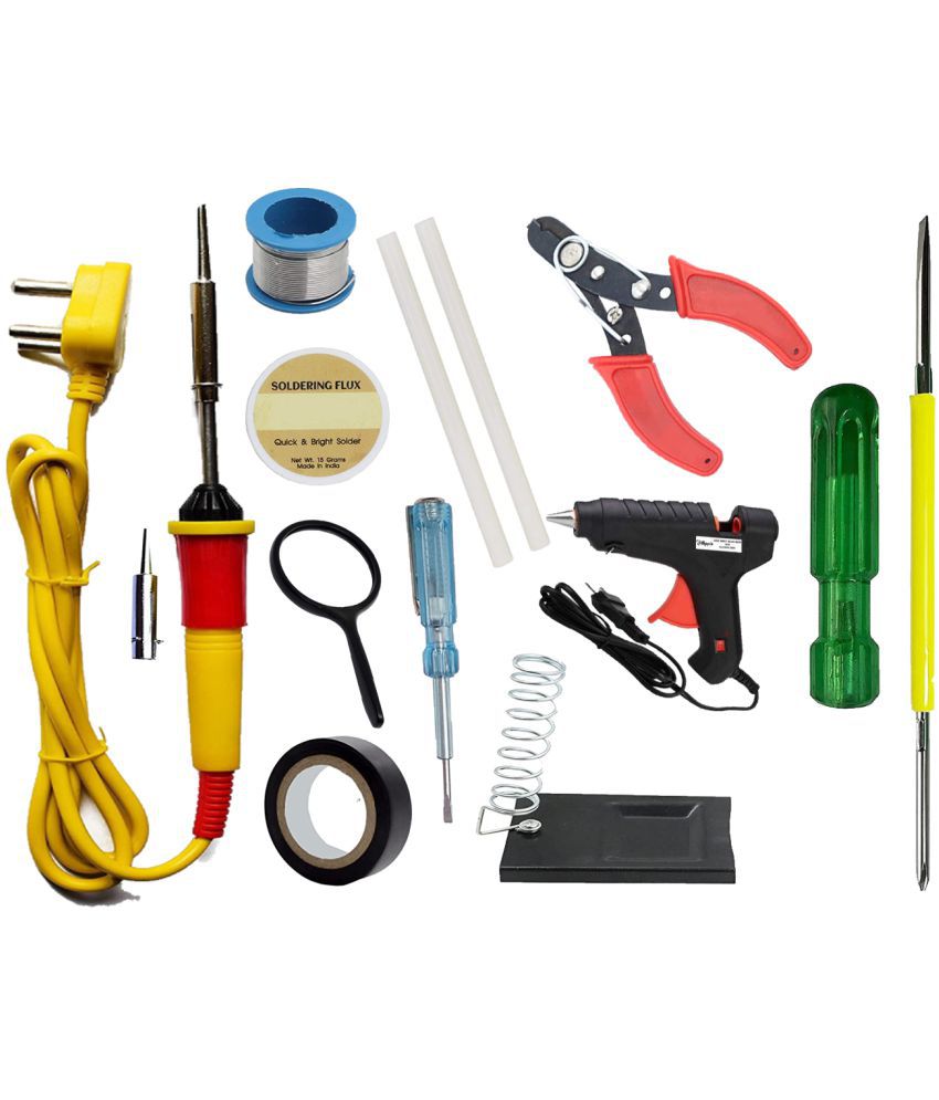     			ALDECO: ( 13 in 1 ) SOLDERING IRON 25 Watt Professional Kit - Yellow Iron, Wire, Flux, Stand, Lense, Tester, 2 in 1 Screw Driver, Tape, Bit, Glue Gun, 2 Glue Stick, Cutter