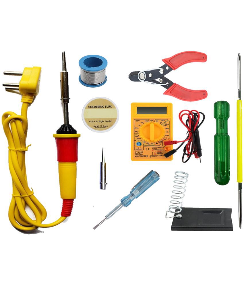     			ALDECO: ( 9 in 1 ) Soldering Iron Kit contains- Yellow Iron, Wire, Flux, Wick, Stand, Tweezer, Cutter, 2 in 1 Screw Driver, Digital Multimeter