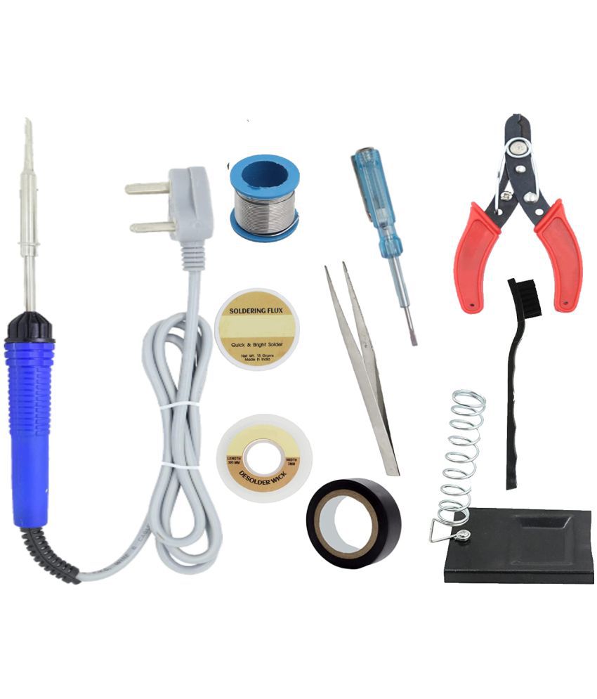     			ALDECO: ( 10 in 1 ) SOLDERING IRON 25 Watt Professional Kit - Blue Iron, Wire, Flux, Wick, Stand, Cutter, Tweezer, Tape, Tester, Brush