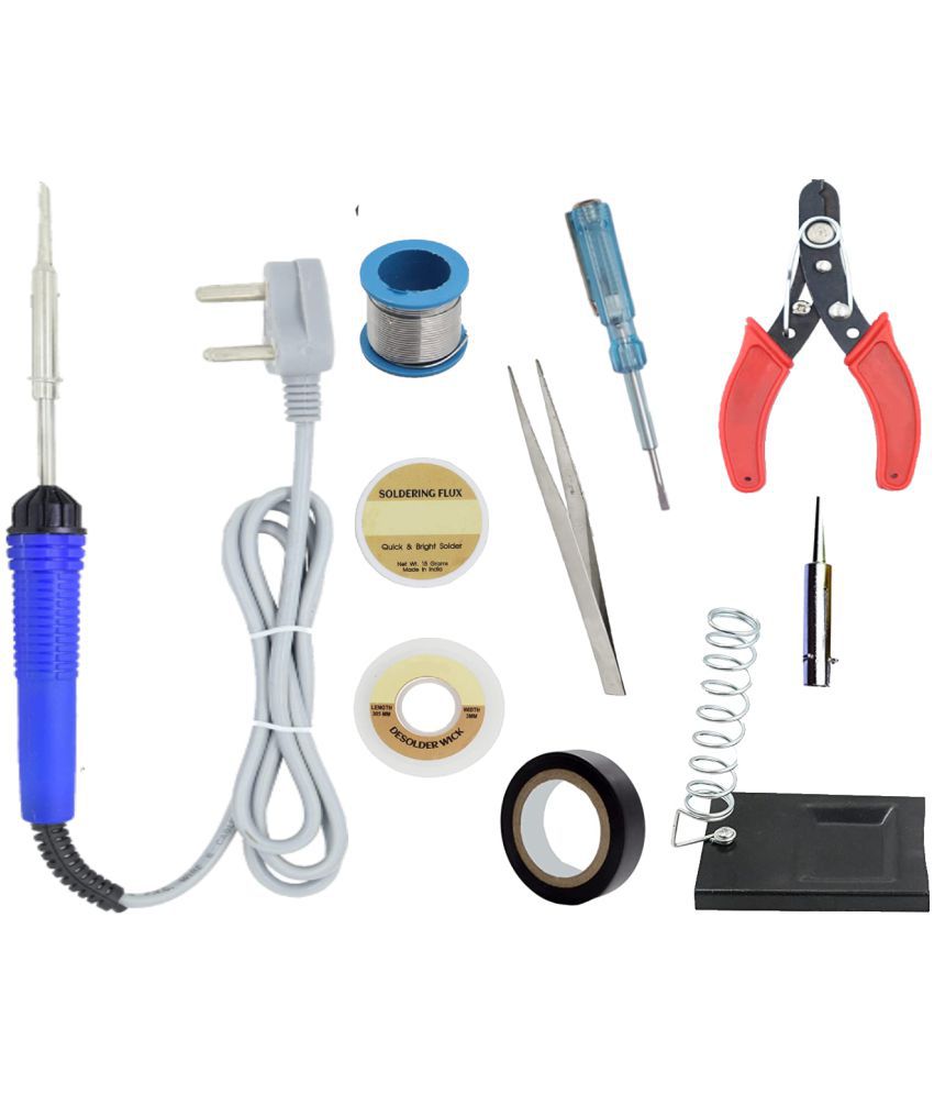     			ALDECO: ( 10 in 1 ) 25 Watt Soldering Iron Kit With- Blue Iron, Wire, Flux, Wick, Stand, Cutter, Tape, Tester, Tweezer, Bit
