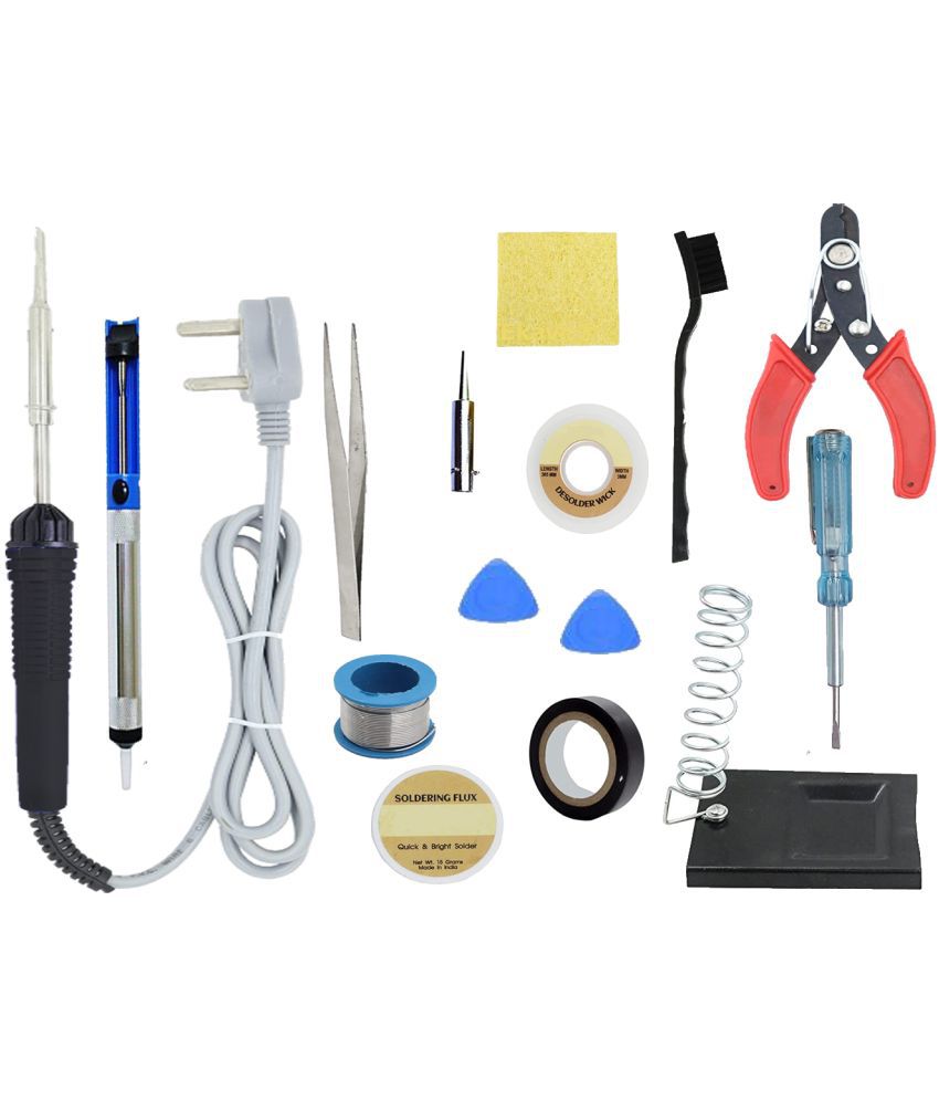     			ALDECO: ( 15 in 1 ) Soldering Iron Kit contains- Blue Iron, Wire, Flux, Wick, Stand, Bit, Tape, 2 Clip, Brush, Desoldering Pump, Tester, Tweezer, Sponge, Cutter