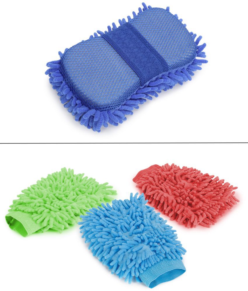     			HOMETALES - Car Cleaning Combo of Microfiber Sponge & Gloves for car accessories( Pack of 4 )