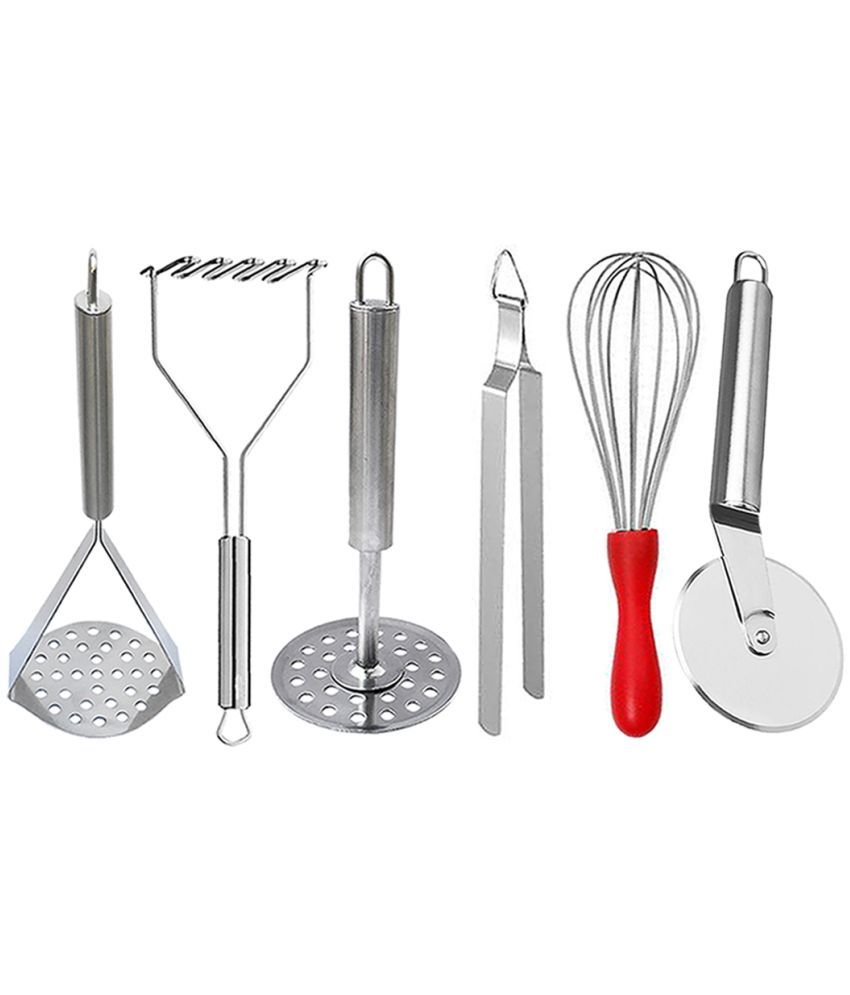     			JISUN - Silver Stainless Steel Potato Masher (Pack of 3) & Whisk & Pizza & Chimta ( Set of 6 )