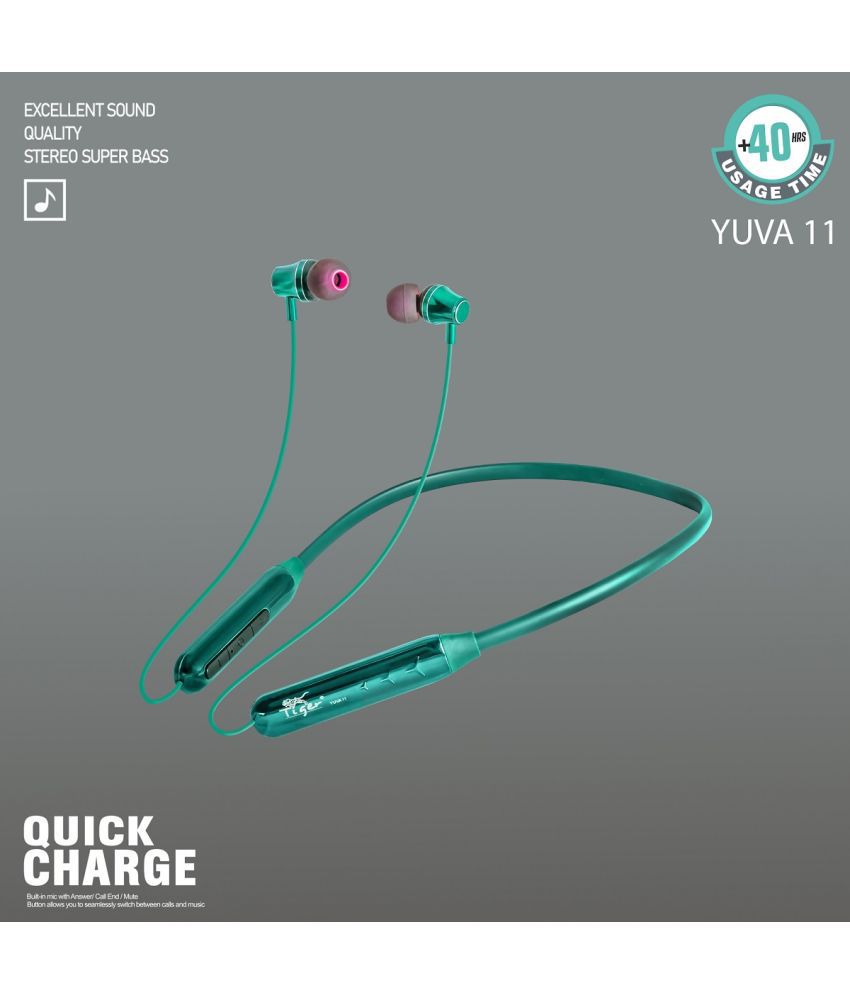 Tiger YUVA-11 In Ear Bluetooth Neckband 35 Hours Playback IPX5(Splash & Sweat Proof) Powerfull bass,Fast charging -Bluetooth Green