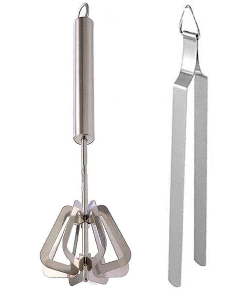     			JISUN - Silver Stainless Steel Mathani / Hand Blender & Roti Chimta ( Set of 2 )