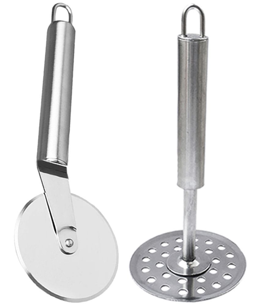     			JISUN - Silver Stainless Steel Pizza Cutter & Potato Masher ( Set of 2 )