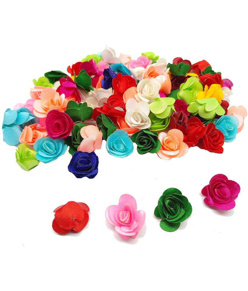     			PRANSUNITA Mini Stem Less Satan Rose Flower Heads ( Size – 1.5 cm ), Handmade Artificial Roses for Dresses Weddings, Valentine, Radha Krishna & Baby Shower Decoration Crafts - 90 pcs – Color- Multicolor