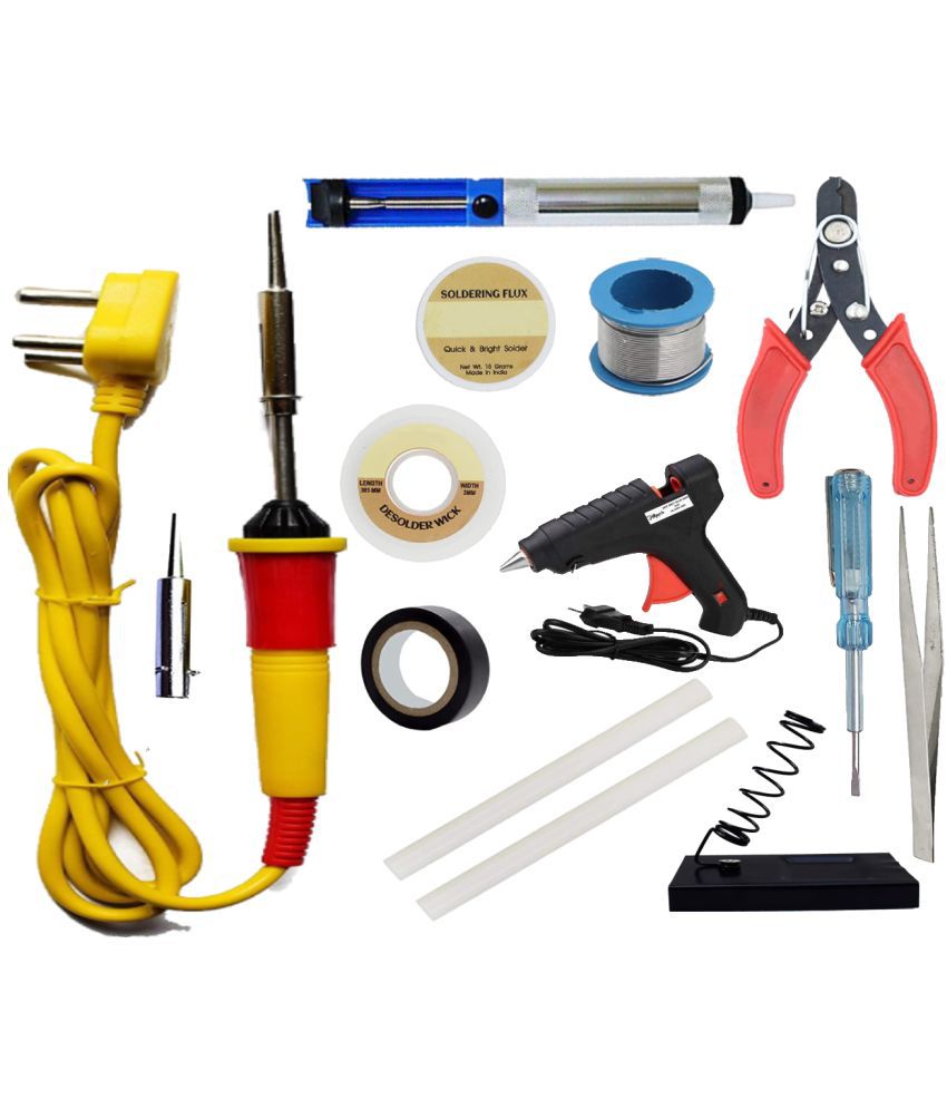     			ALDECO: ( 14 in 1 ) Soldering Iron Kit contains- Yellow Iron, wire, Flux, Wick, Stand, Cutter, Bit, Tape, Tweezer, Tester, Desoldering Pimp, Glue Gun, 2 Glue Stick