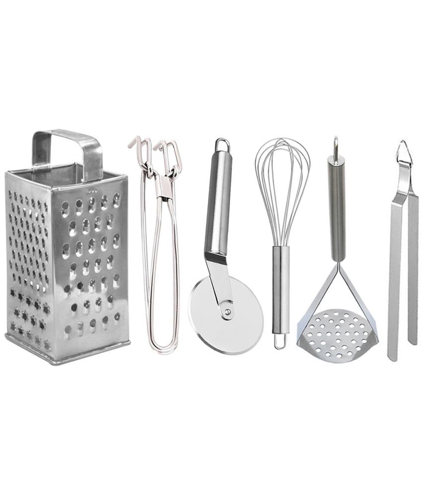     			JISUN - Silver Stainless Steel Grater-Pakkad-Pizza Cutter-Whisk-Masher-Chimta ( Set of 6 )