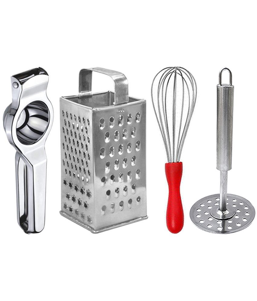     			JISUN - Silver Stainless Steel Lemon Squeezer-Grater-Egg Whisk-Potato Masher ( Set of 4 )