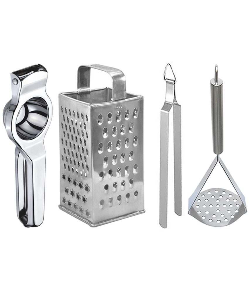     			JISUN - Silver Stainless Steel Lemon Squeezer & Grater & Chimta & Potato Masher ( Set of 4 )