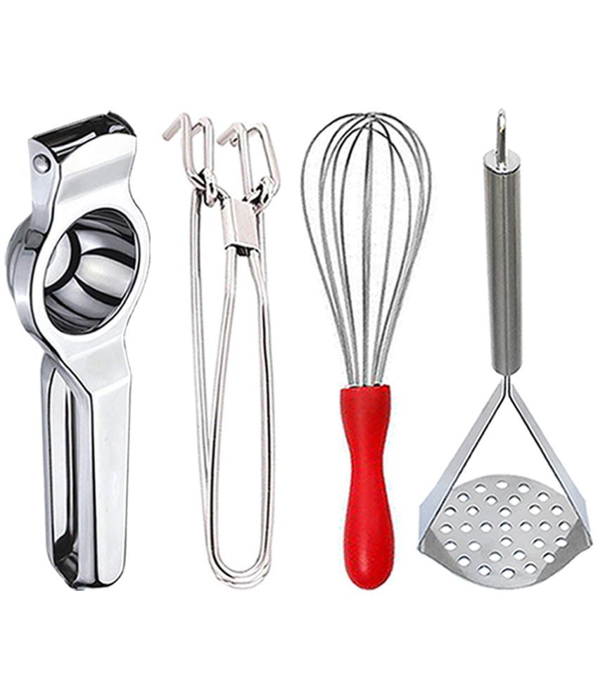     			JISUN - Silver Stainless Steel Lemon-Pakkad-Whisk-Masher ( Set of 4 )