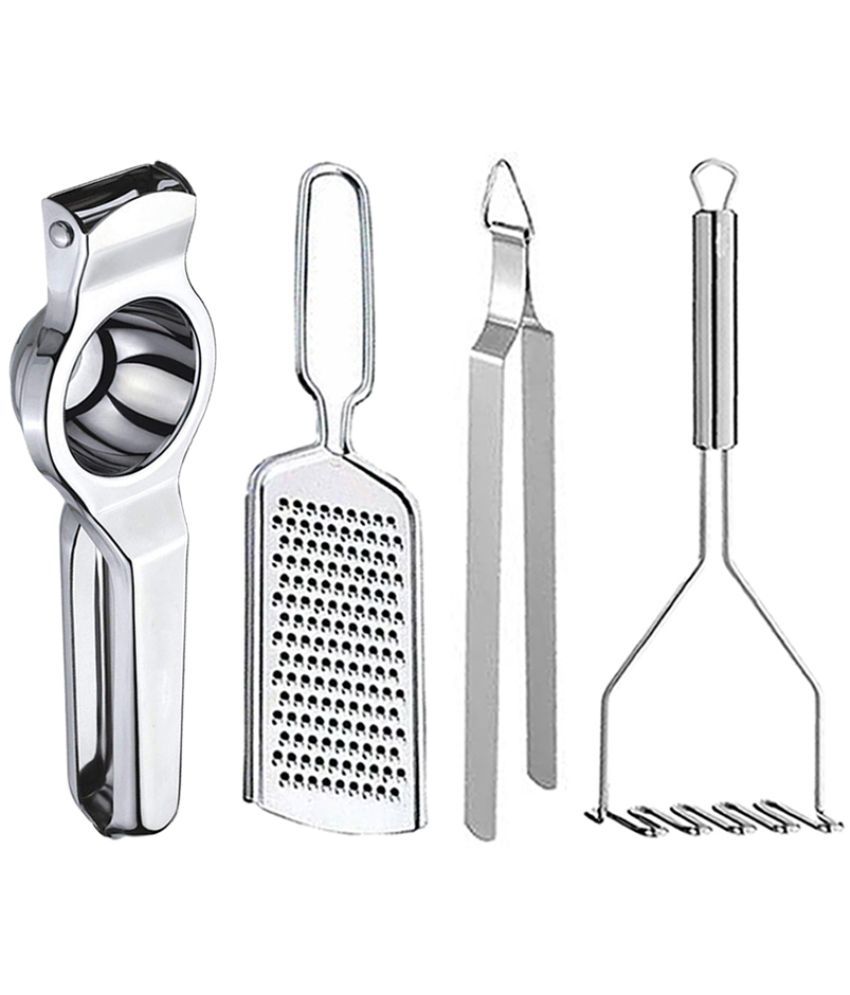     			JISUN - Silver Stainless Steel Lemon Squeezer-Grater-Roti Chimta-Potato Masher ( Set of 4 )