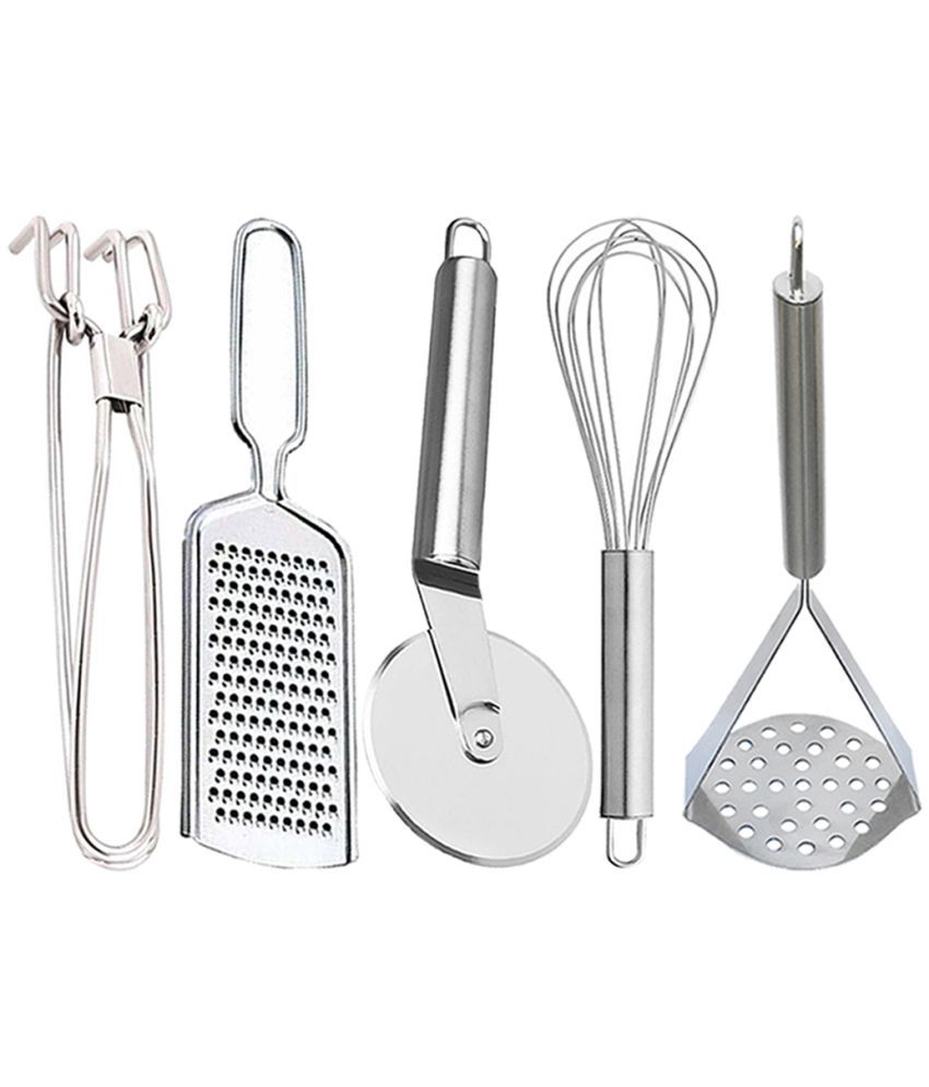     			JISUN - Silver Stainless Steel PAKKAD+WIRE GRATER+STEEL WHISK+PIZZA+OVAL MASHER ( Set of 5 )