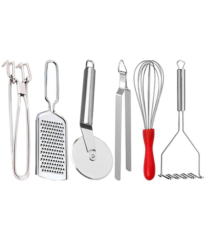     			JISUN - Silver Stainless Steel WIRE GRATER+PKD+PIZA+RED WHISK+CHIMTA+ZIG-ZAG MSHR ( Set of 6 )