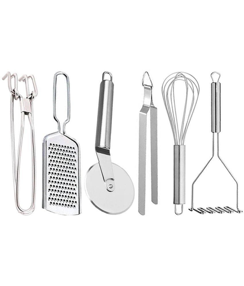     			JISUN - Silver Stainless Steel WIRE GRATER+PAKD+PIZA+WHISK+CHIMTA+ZIG-ZAG MASHER ( Set of 6 )