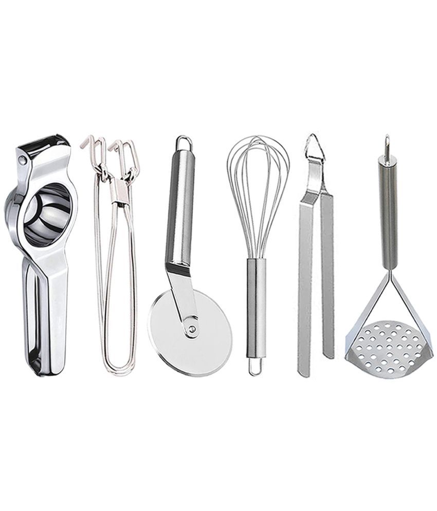     			JISUN - Silver Stainless Steel Lemon-Pakkad-Pizza Cutter-Whisk-Chimta-Masher ( Set of 6 )