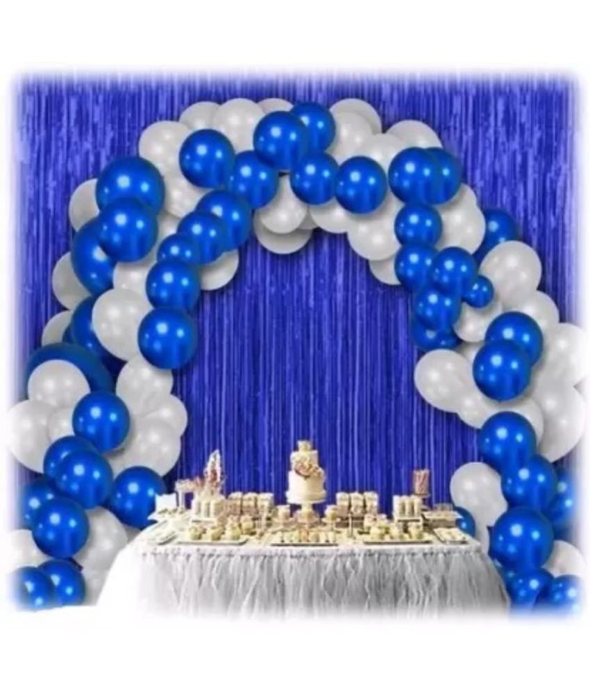     			Kiran Enterprises 2 pc. Foil Fringe Curtain ( Blue ) + 30 Metallic Balloon ( Blue, White )