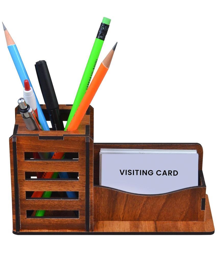     			Pen Stand With Visiting Card Holder | Multipurpose Wooden Desk Organizer Pen And Pencil Stand For Office Table With Business Card Holder Box | Office Stationery Item Made With Wood (Wooden)