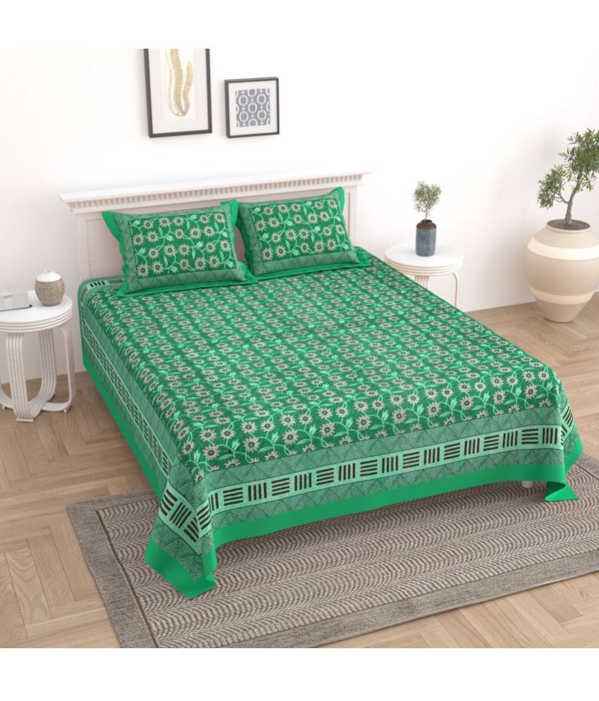     			Uniqchoice Cotton Floral Printed Double Bedsheet with 2 Pillow Covers - Green