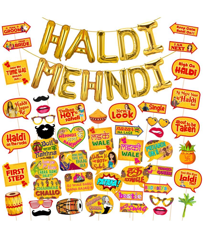     			Zyozi Mehndi Props & Haldi Props and Mehndi Foil Balloon & Haldi Foil Balloon for Photoshoot ,Marriage Props for Wedding for Bride and Family,Bride to Be Props(Pack of 50)