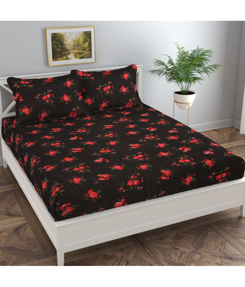     			Dulce Vida Poly Cotton Floral Printed Double Bedsheet with 2 Pillow Covers - Black