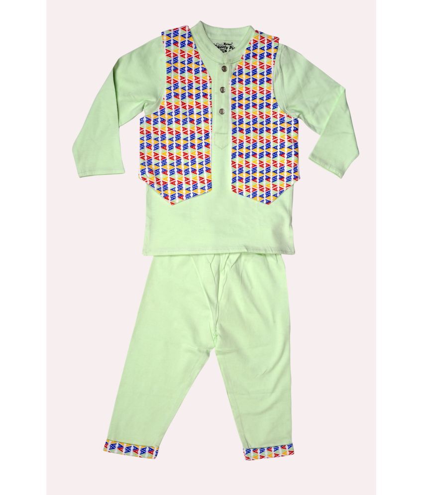     			Sweety pie Gold By Kothari Kidswear Boys 100% Cotton Single Jersy  Kurta,Pant and Jacket In Lime Green and White Color