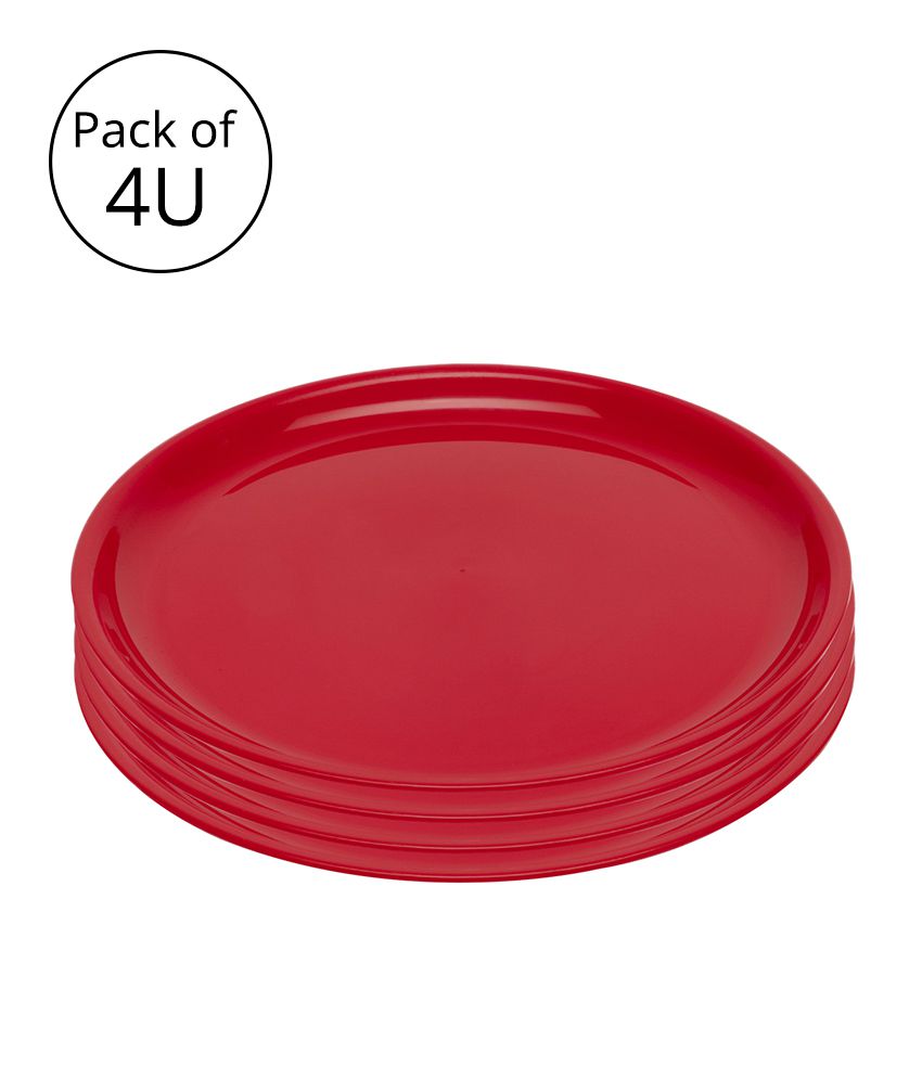     			HOMETALES Plastic Microwave Safe Plates, (Pack of 4) Full Plate, Dia 11inch - Red Colour