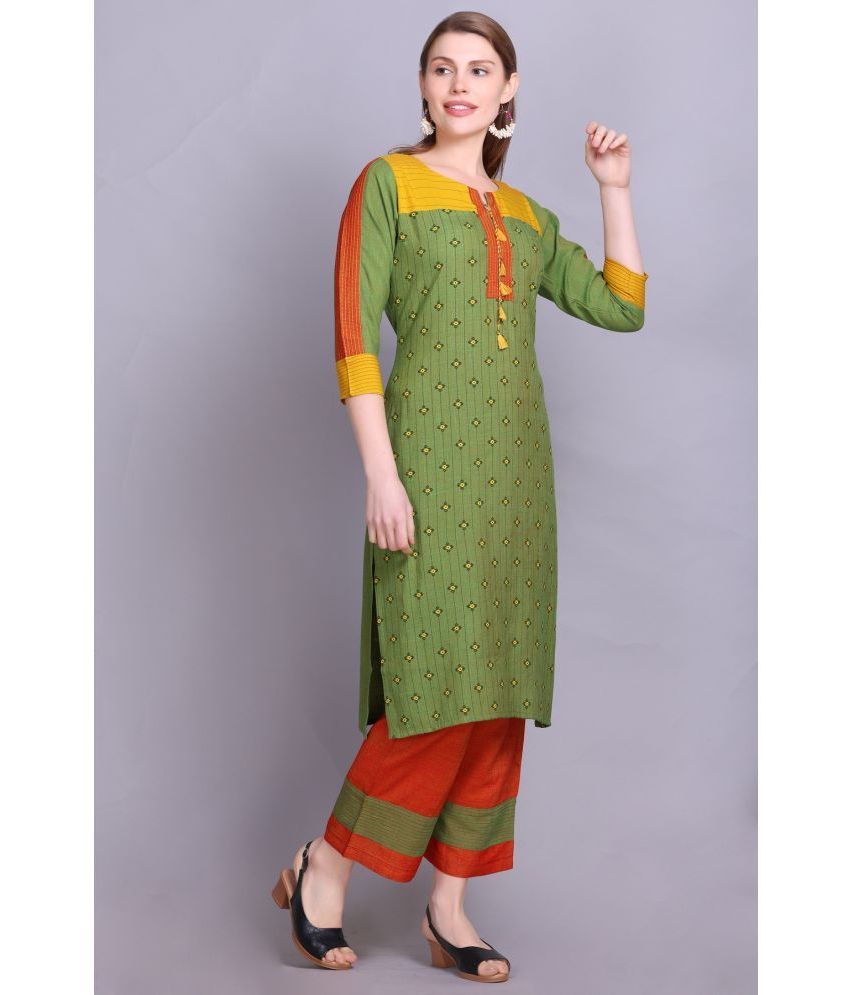     			ELTHIA - Olive Cotton Women's Straight Kurti ( Pack of 1 )