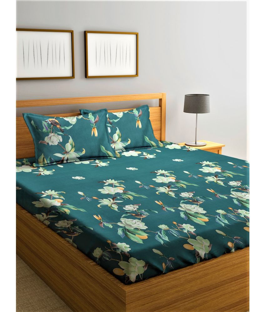    			Home Sizzler Glace Cotton Floral Double Bedsheet with 2 Pillow Covers - Sea Green
