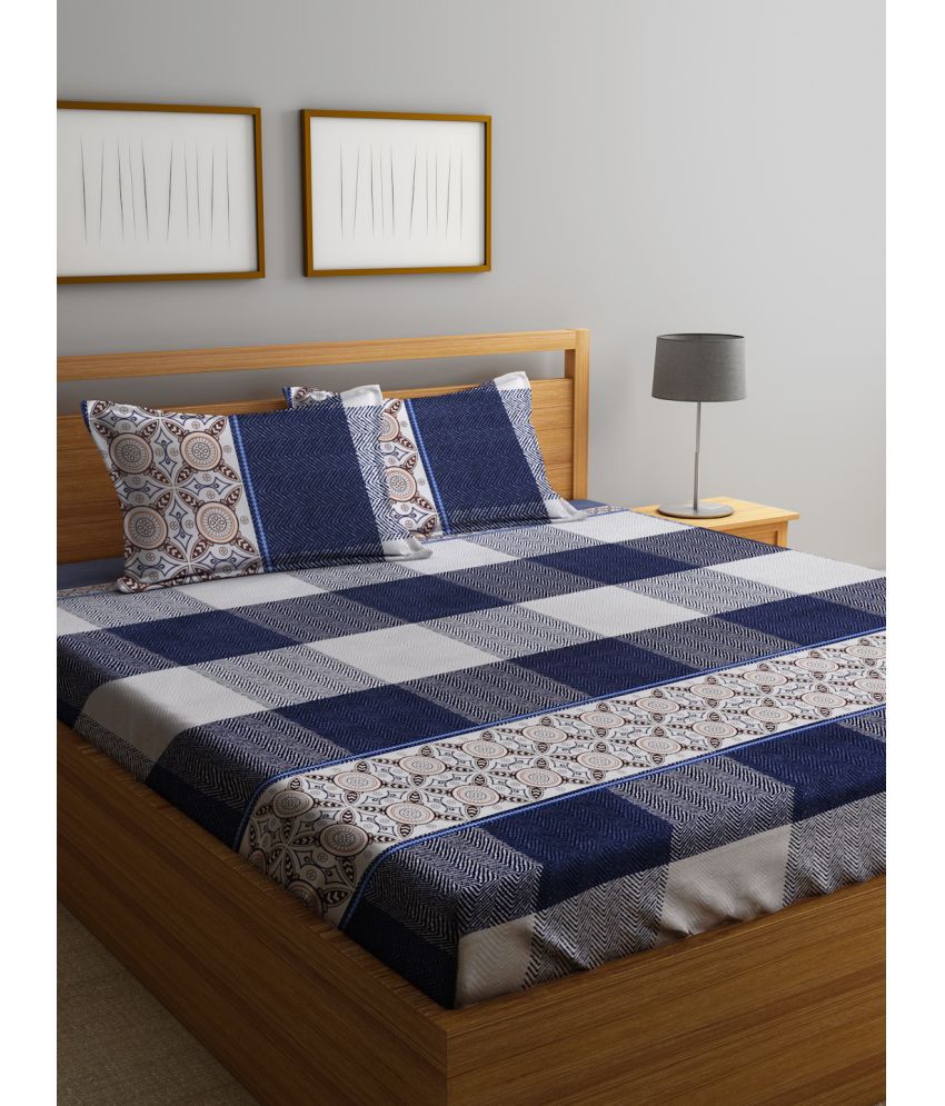     			Home Sizzler Glace Cotton Graphic Double Bedsheet with 2 Pillow Covers - Navy Blue
