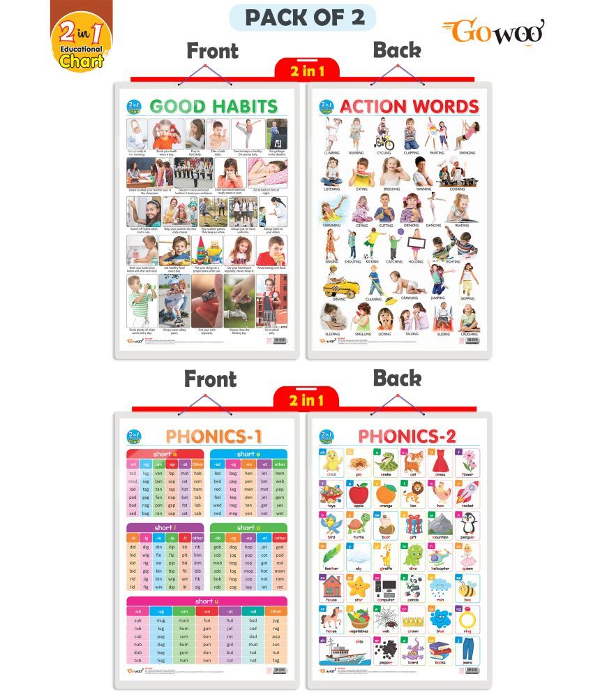     			Set of 2 |2 IN 1 GOOD HABITS AND ACTION WORDS AND 2 IN 1 PHONICS 1 AND PHONICS 2 Early Learning Educational Charts for Kids|  20"X30" inch |Non-Tearable and Waterproof| Double Sided Laminated | Perfect for Homeschooling, Kindergarten and Nursery Students