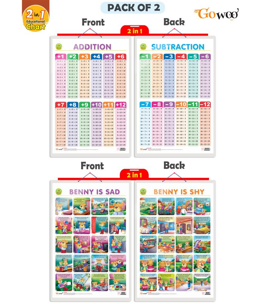     			Set of 2 |2 IN 1 ADDITION AND SUBTRACTION and 2 IN 1 BENNY IS SAD AND BENNY IS SHY Early Learning Educational Charts for Kids|