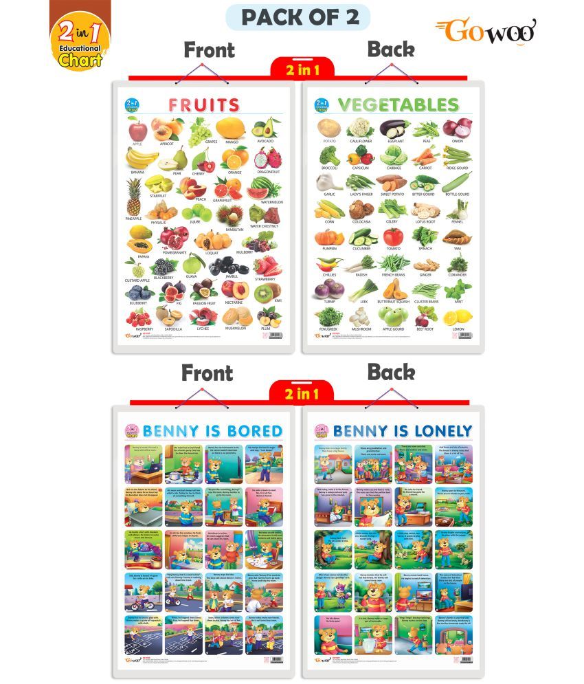     			Set of 2 | 2 IN 1 FRUITS AND VEGETABLES and 2 IN 1 BENNY IS BORED AND BENNY IS LONELY Early Learning Educational Charts for Kids