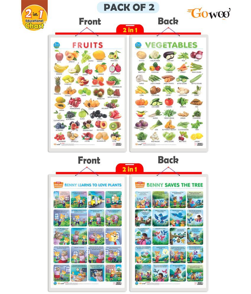     			Set of 2 |2 IN 1 FRUITS AND VEGETABLES and 2 IN 1 BENNY LEARNS TO LOVE PLANTS AND BENNY SAVES THE TREE Early Learning Educational Charts for Kids