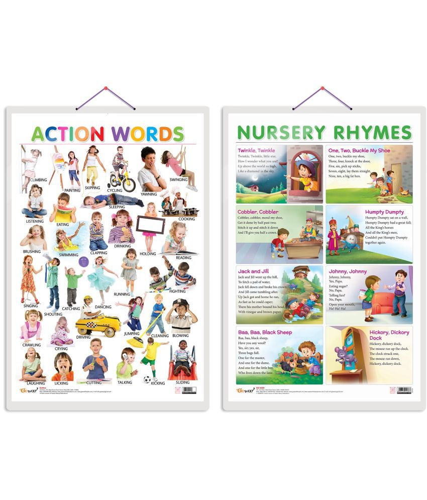     			Set of 2 Action Words and NURSERY RHYMES Early Learning Educational Charts for Kids | 20"X30" inch |Non-Tearable and Waterproof | Double Sided Laminated | Perfect for Homeschooling, Kindergarten and Nursery Students