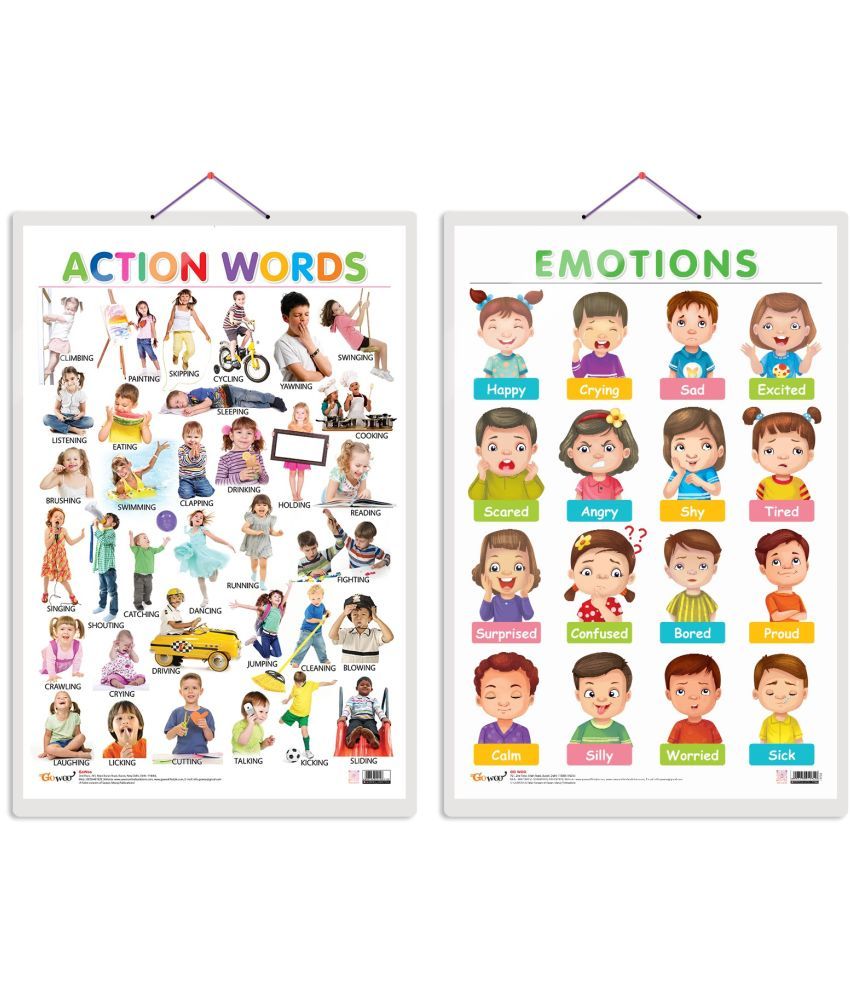     			Set of 2 Action Words and EMOTIONS Early Learning Educational Charts for Kids | 20"X30" inch |Non-Tearable and Waterproof | Double Sided Laminated | Perfect for Homeschooling, Kindergarten and Nursery Students