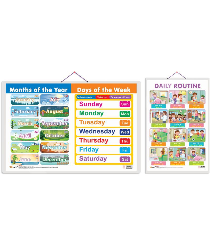     			Set of 2 MONTHS OF THE YEAR AND DAYS OF THE WEEK and DAILY ROUTINE Early Learning Educational Charts for Kids | 20"X30" inch |Non-Tearable and Waterproof | Double Sided Laminated | Perfect for Homeschooling, Kindergarten and Nursery Students