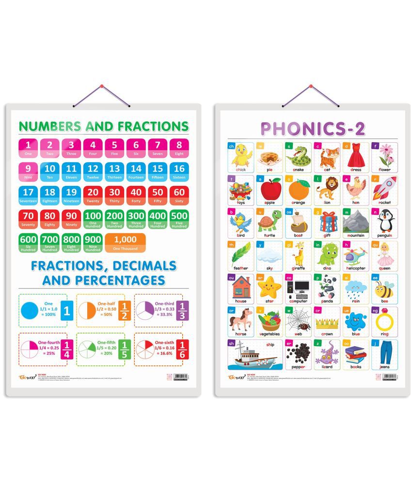     			Set of 2 NUMBERS AND FRACTIONS and PHONICS - 2 Early Learning Educational Charts for Kids | 20"X30" inch |Non-Tearable and Waterproof | Double Sided Laminated | Perfect for Homeschooling, Kindergarten and Nursery Students